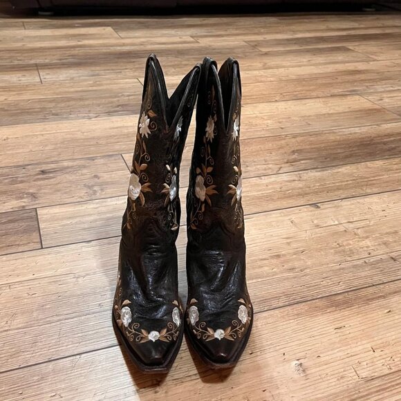 PECOS BILL Women's Cowboy Boots Sz 6.5 Brown with White Floral Embroidered NICE! - Picture 3 of 6